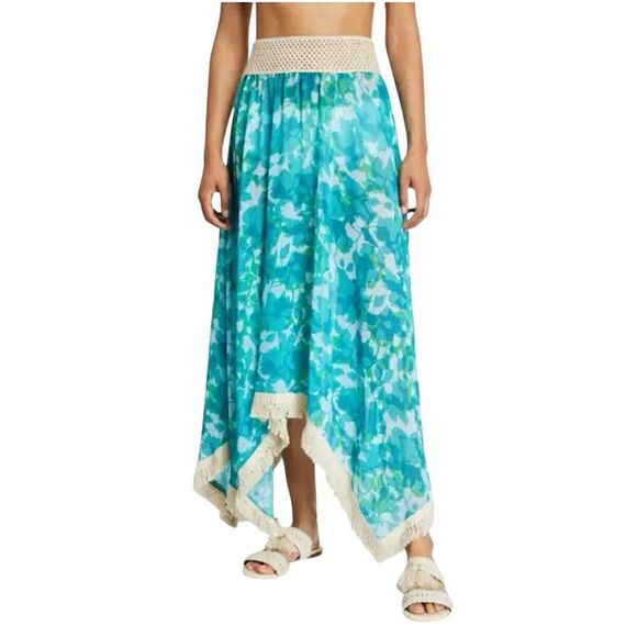 Ramy Brook Floral Printed Riviera Skirt Turquoise XS S Handkerchief Hem Tassel T - Picture 1 of 15